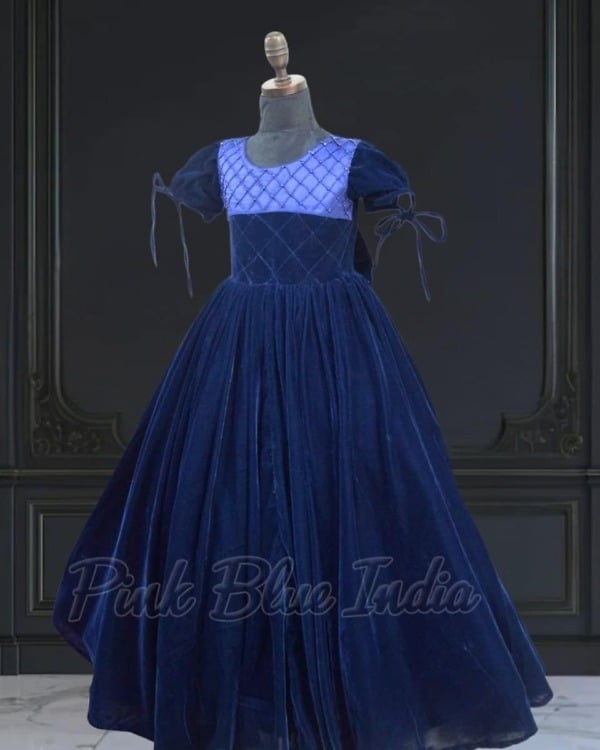 Designer velvet blue gown for baby girl, birthday celebration wear, elegant outfit