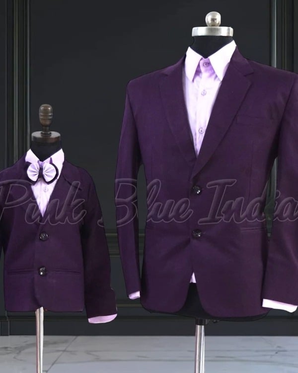 Dad son matching suit set in purple, wedding outfit, elegant stylish wear