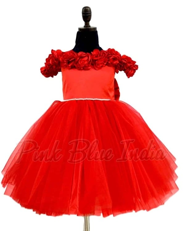 Designer red rosette dress for girls wedding birthday celebration stylish gown