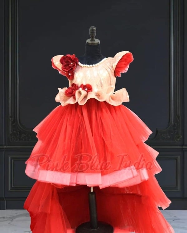 Designer red peplum high low dress for baby girl, birthday outfit, cute stylish wear