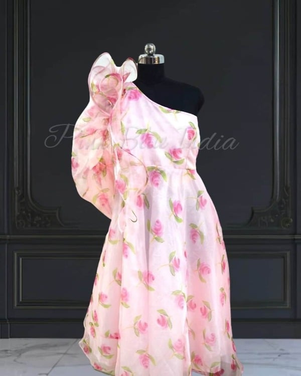 One shoulder floral dress for baby girl, party wear outfit, cute stylish birthday look