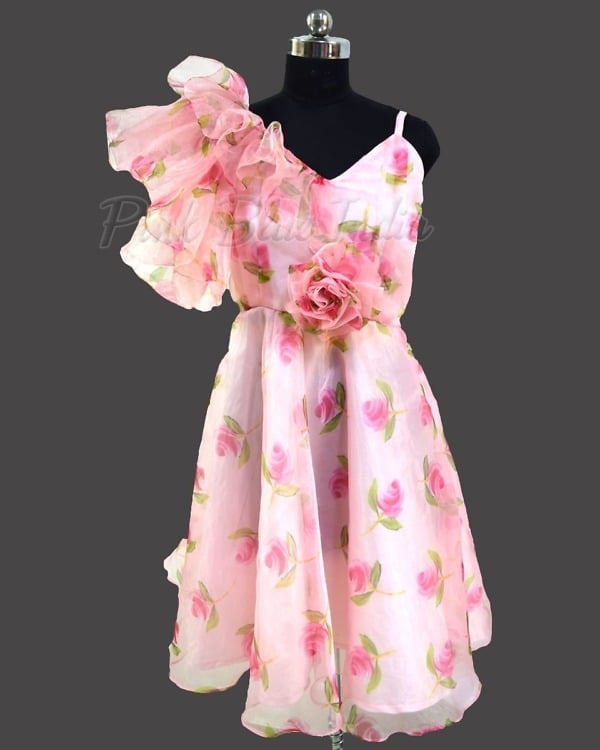Stylish pink floral ruffle gown for girls festive birthday celebration wear