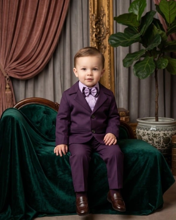 Kids boy purple aubergine double button blazer suit with bow tie for wedding formal party gift
