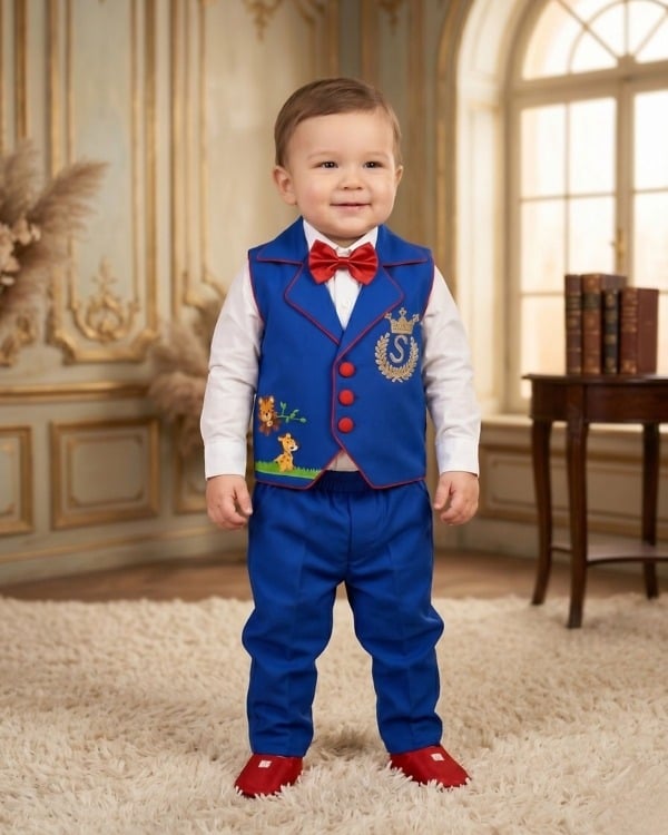 Kids boy royal blue jungle theme waistcoat suit with red bow tie for birthday party celebration