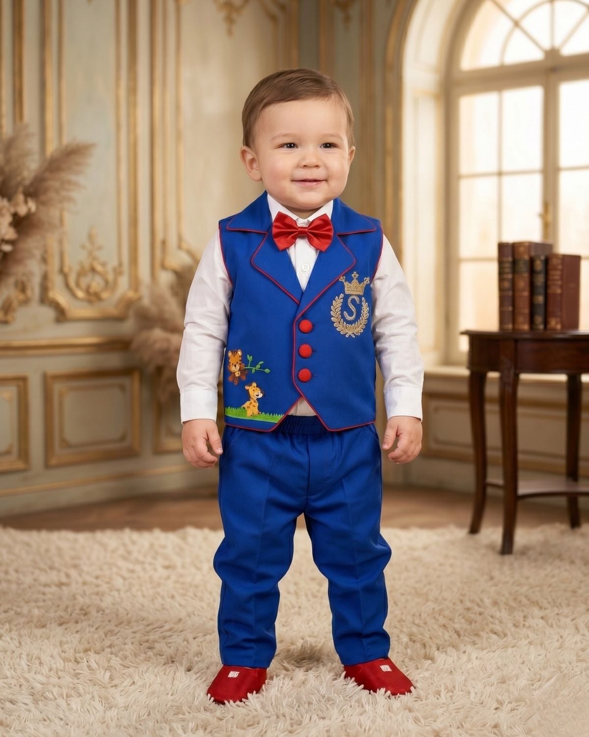 Kids boy royal blue jungle theme waistcoat suit with red bow tie for birthday party celebration