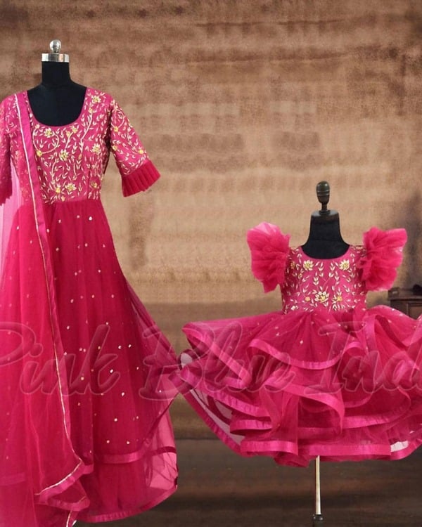 Mother daughter magenta matching outfits wedding party wear stylish family look