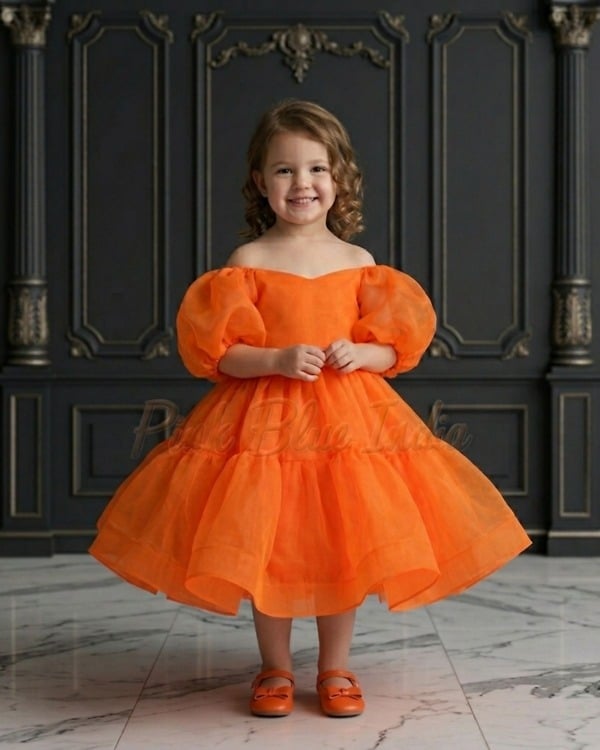 Orange baby girl dress frock, toddler birthday party outfit for kids