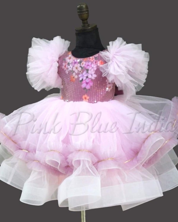 Girls pink ruffle net gown for birthday celebration elegant designer party wear
