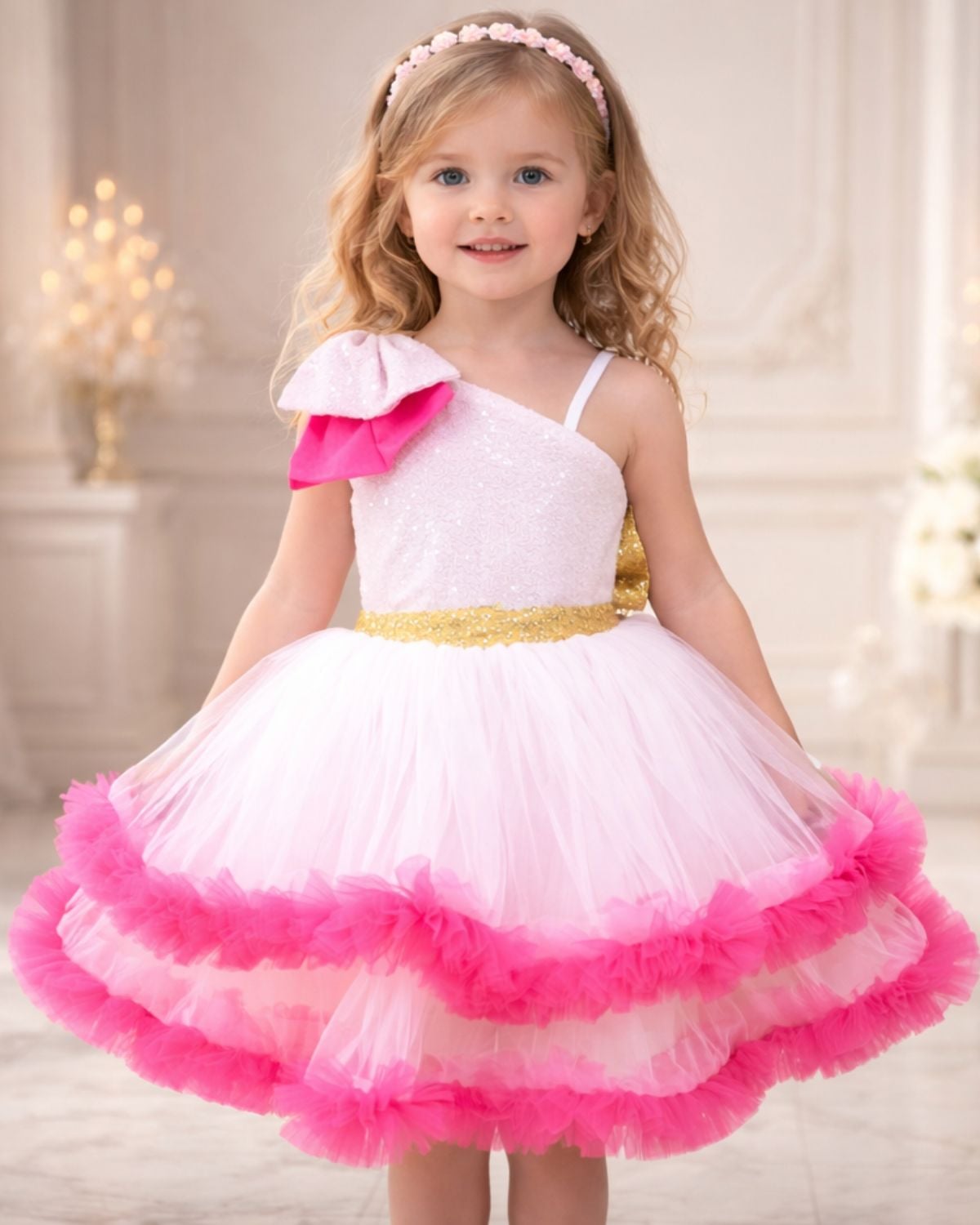 Pink Net One Shoulder Dress for Baby Girls - Pink Blue India
