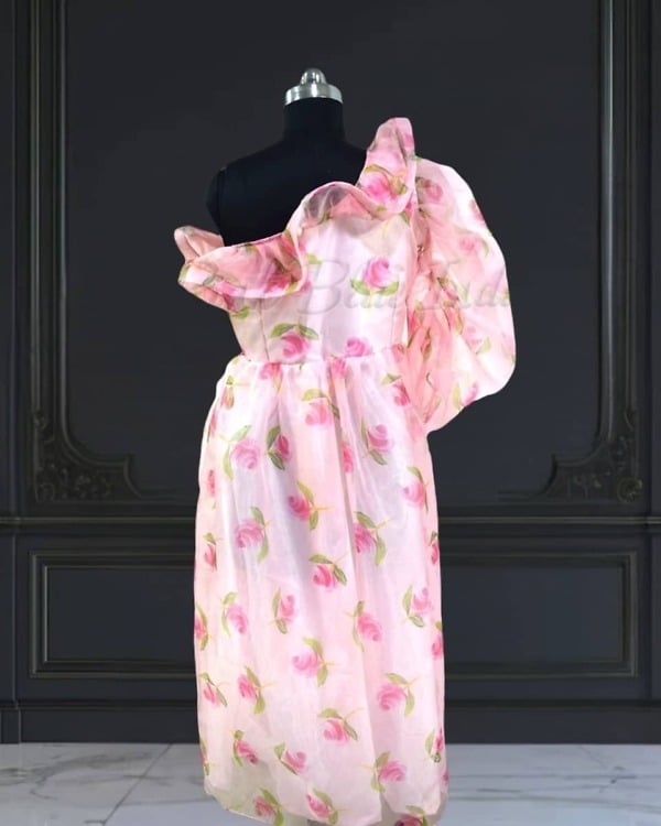 One shoulder pink organza gown for baby girl, birthday outfit, cute stylish look