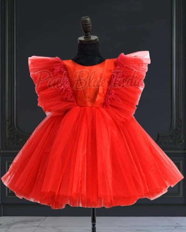 Red flared knee-length dress for baby girl, cute birthday party wear outfit