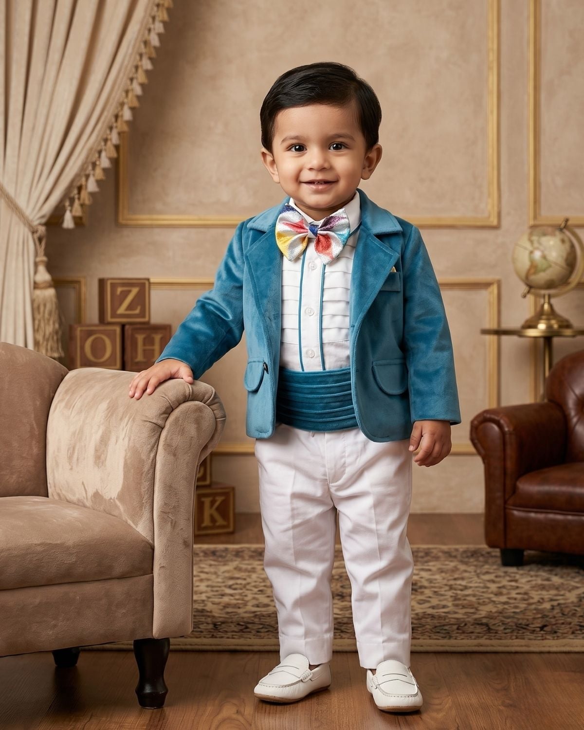 Toddler boy teal blue velvet jacket waistcoat suit for ring ceremony formal party kids gift