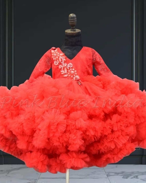Girls red ruffled multilayer gown birthday party wear elegant princess style outfit