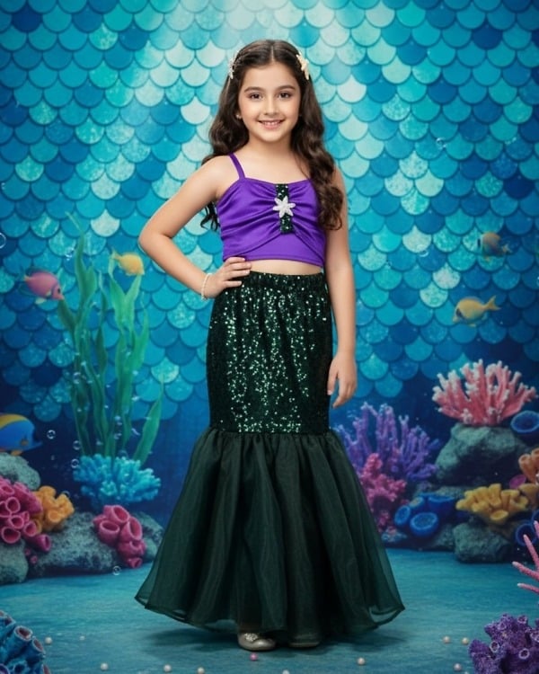 Girls Mermaid Theme Crop Top Skirt Set Party Wear Dress Pink Blue India