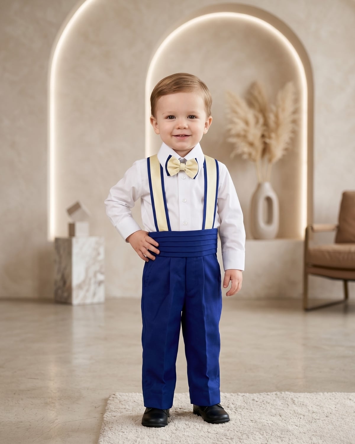 Baby boy blue suspenders with shirt and pants, a polished birthday party outfit set for indoor photoshoots