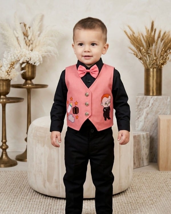 Baby boy peach Boss Baby theme waistcoat with red bow tie for first birthday party celebration