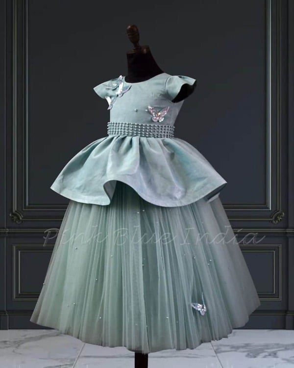 Baby girl butterfly gown with beads work birthday party wear cute princess outfit