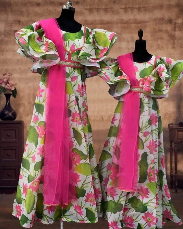 Mother daughter floral gowns combo elegant wedding wear stylish matching outfit