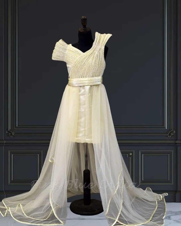 Girls structured short dress with detachable train party wear birthday stylish fashion outfit