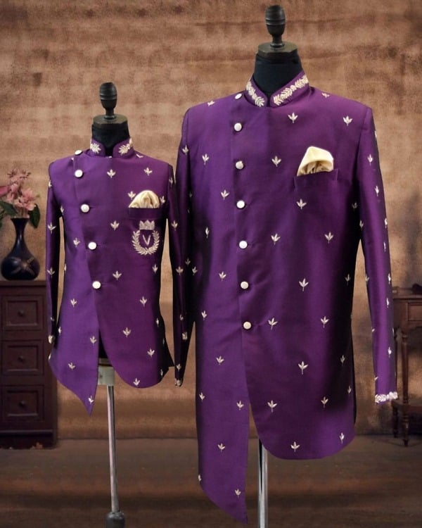 Raw silk sherwani for father son, wedding party wear, traditional stylish outfit