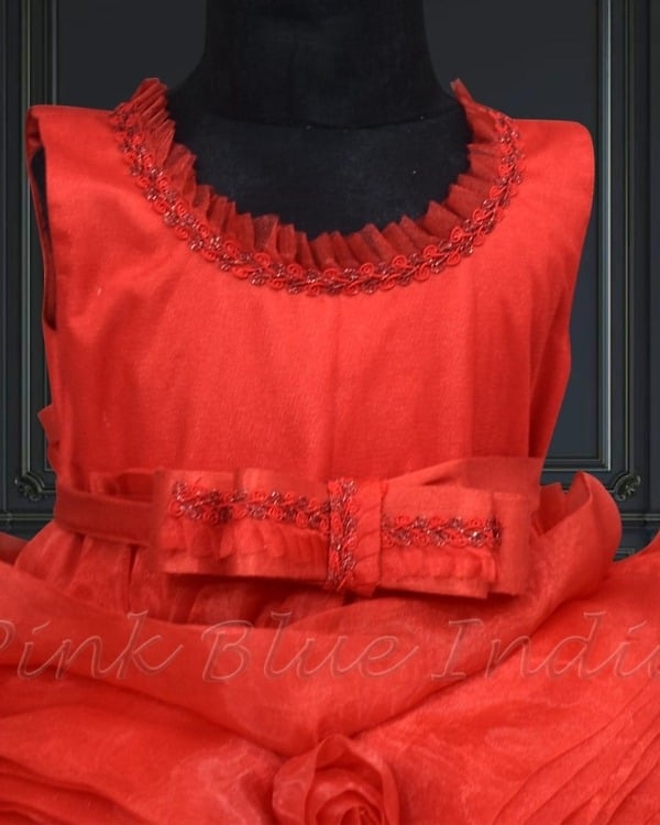 Red 3D rosette dress for baby girl birthday outfit stylish party wear
