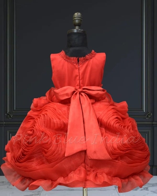 Red rosette 3D gown for baby girl birthday party dress elegant stylish look