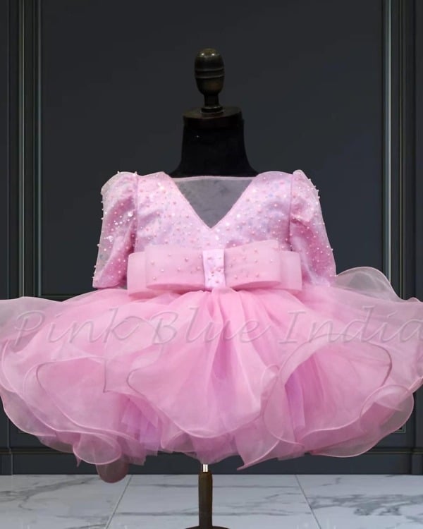 Baby girl pink frock knee length birthday party outfit cute stylish look