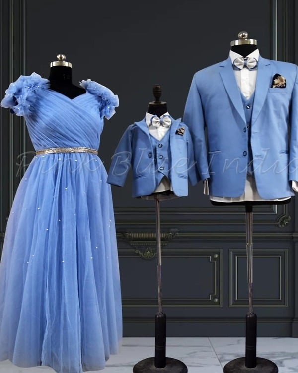 Family matching outfits for wedding engagement, elegant coordinated look, stylish celebration wear