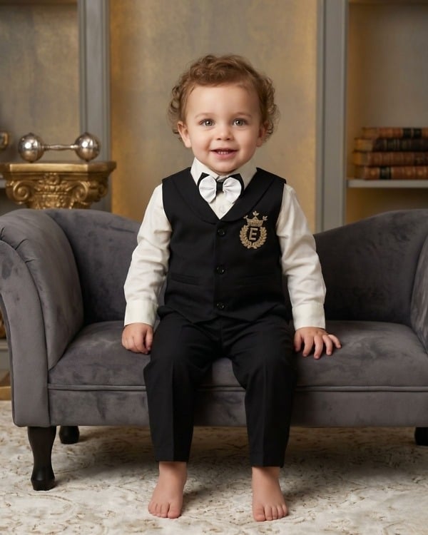 Toddler boy black embroidered birthdate waistcoat with white shirt for first birthday party