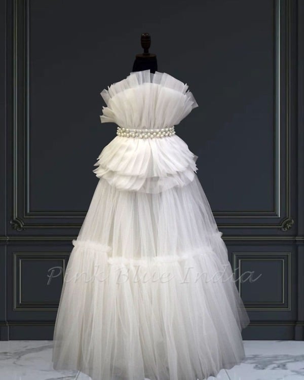 Baby girl white dress with pearl waist belt birthday party outfit classy look