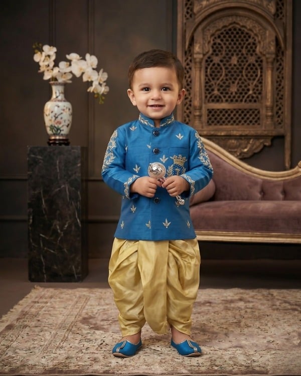 Baby boy blue kurta yellow dhoti set, traditional ethnic wear for Janmashtami & festivals