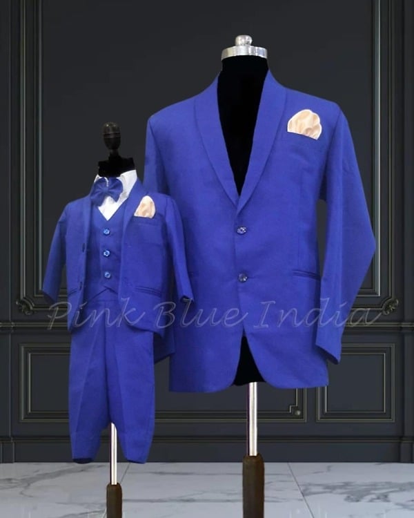 Dad son matching royal blue outfits for family celebration stylish coordinated