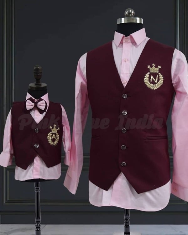 Matching waistcoat outfit for father son, elegant celebration wear