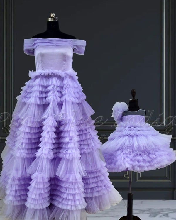 Mother daughter matching layered gown set birthday party wear stylish family outfit