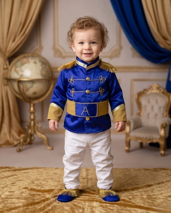 Prince charming costume for boys, a fairytale-inspired first birthday party outfit with regal storybook flair