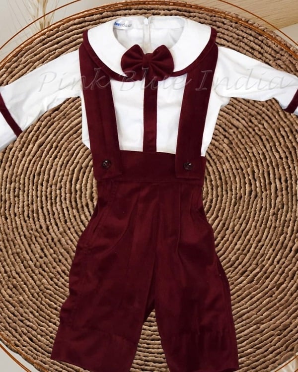 Boys maroon suspenders outfit, trendy birthday celebration wear