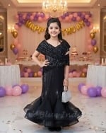 Girls Black Fish Cut Designer Gown Elegant Party Outfit Pink Blue India