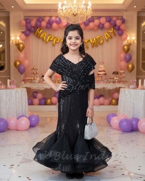 Girls Black Fish Cut Designer Gown Elegant Party Outfit Pink Blue India