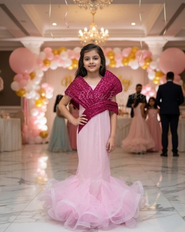 Girls Pink Fish Cut Gown Party Wear Designer Dress Pink Blue India