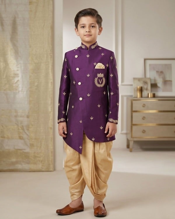 Baby boy cream golden sherwani churidar set, royal wedding ethnic wear for kids, gifting
