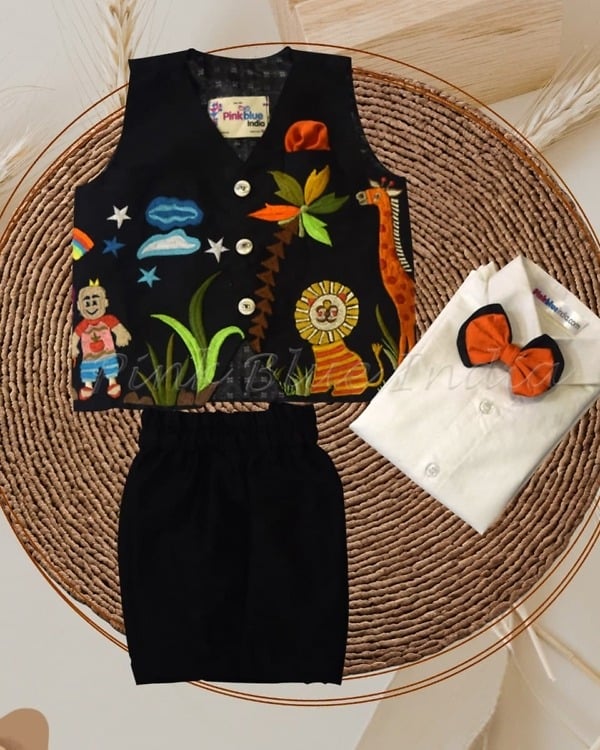 Wild adventure embroidered birthday outfit for boys, themed party wear
