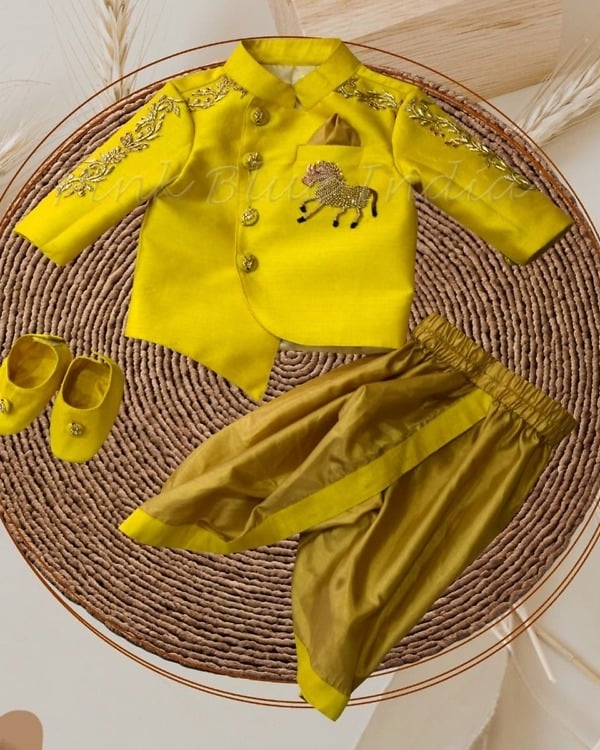 Infant boys yellow sherwani outfit, elegant traditional celebration wear
