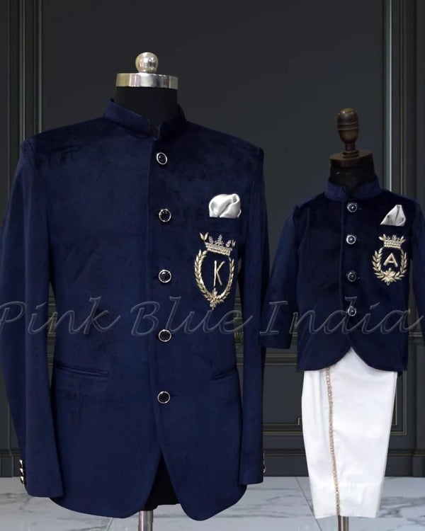 Father son coordinated jodhpuri outfits in blue, royal celebration wear