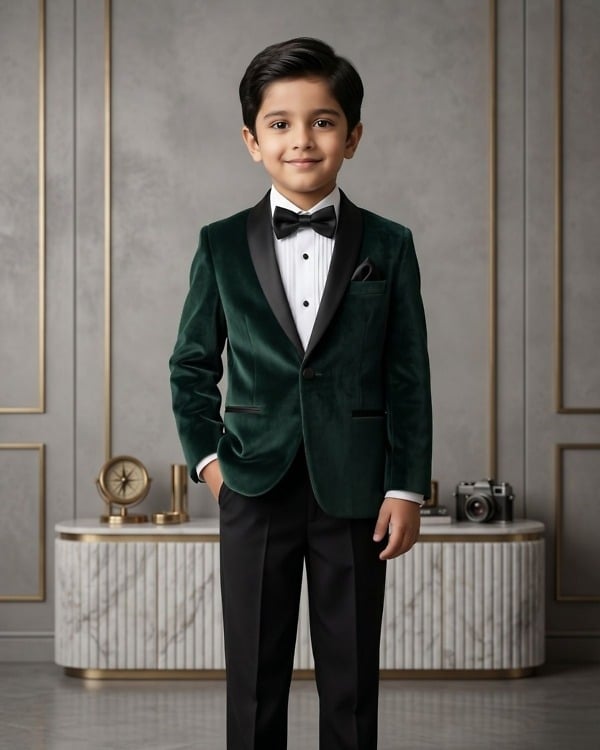 Kids boy dark green velvet 4 piece tuxedo with white bow tie for wedding formal party celebration