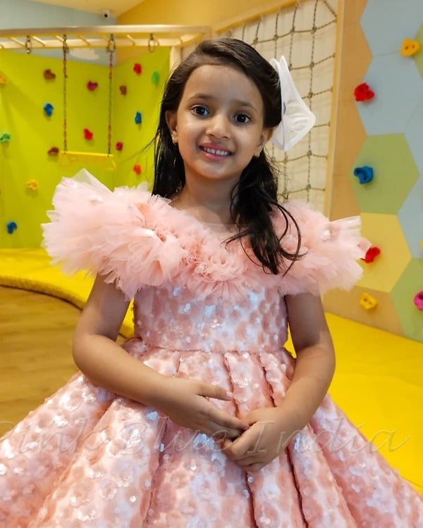 Peach panel gown for girls birthday, elegant layered party dress