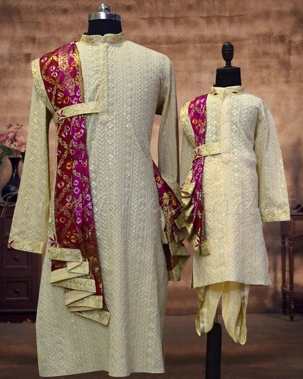 Dad and son coordinated wedding outfits, stylish ethnic duo look