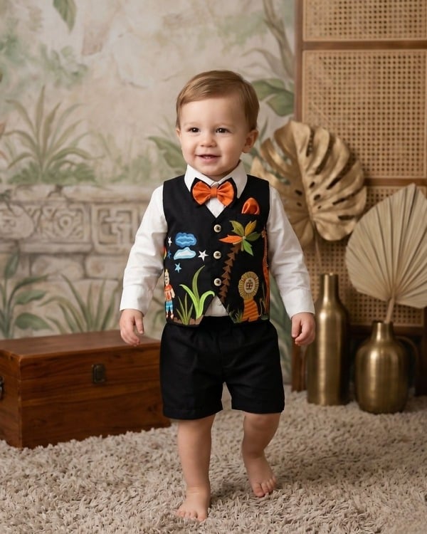 Toddler boy black embroidered wild adventure waistcoat with shorts for first birthday photoshoot