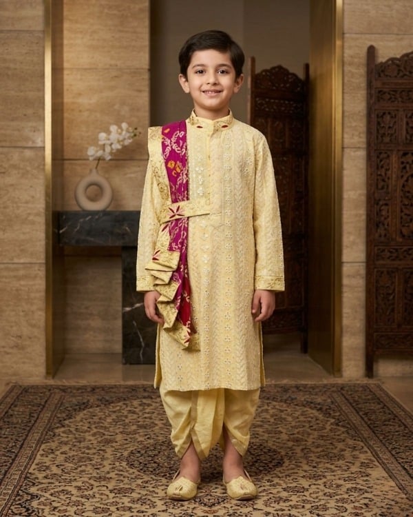 Golden Dhoti Kurta Set in Silk with Handwork for Boys