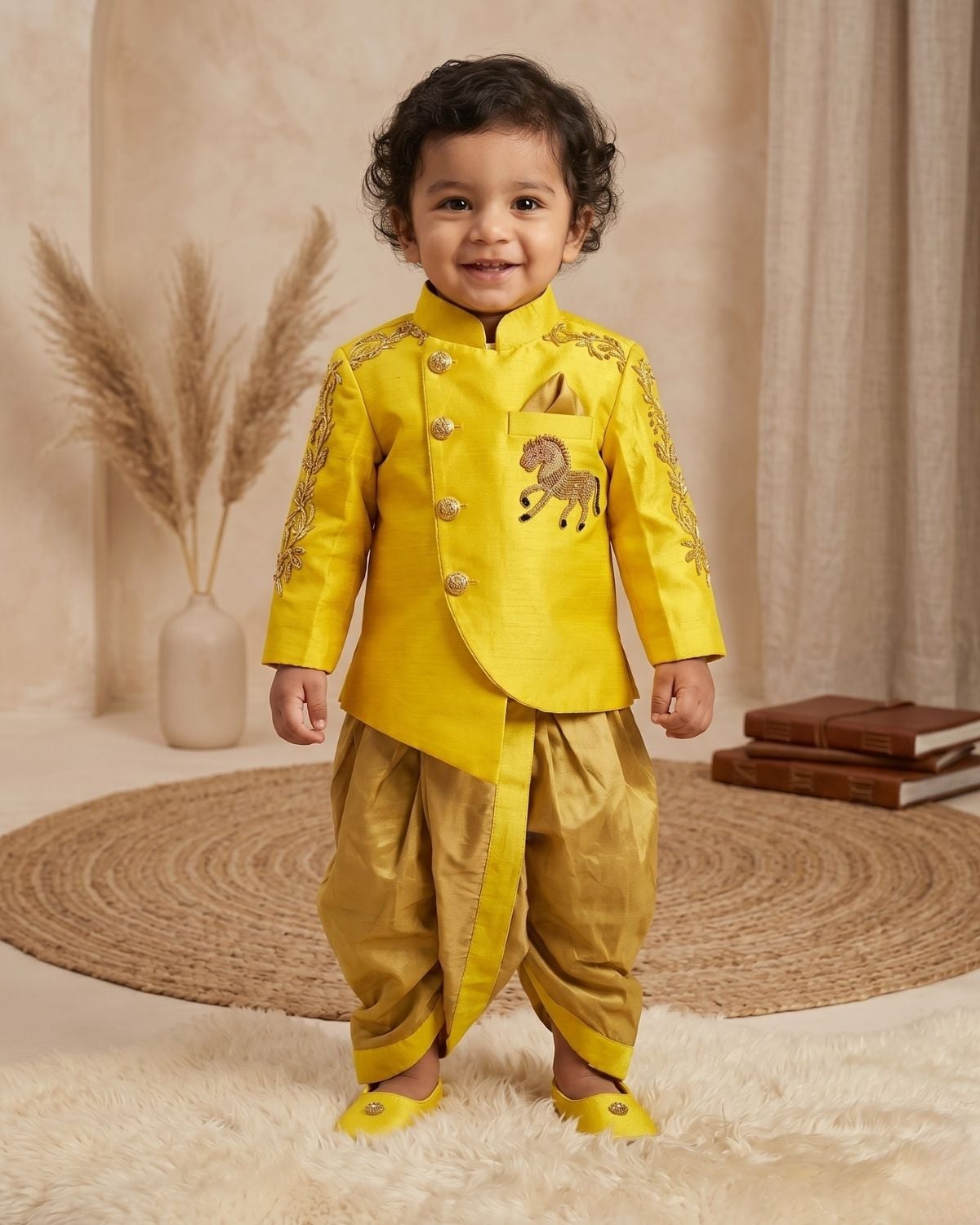 Baby boy mustard yellow designer sherwani with golden trim for wedding ethnic family function