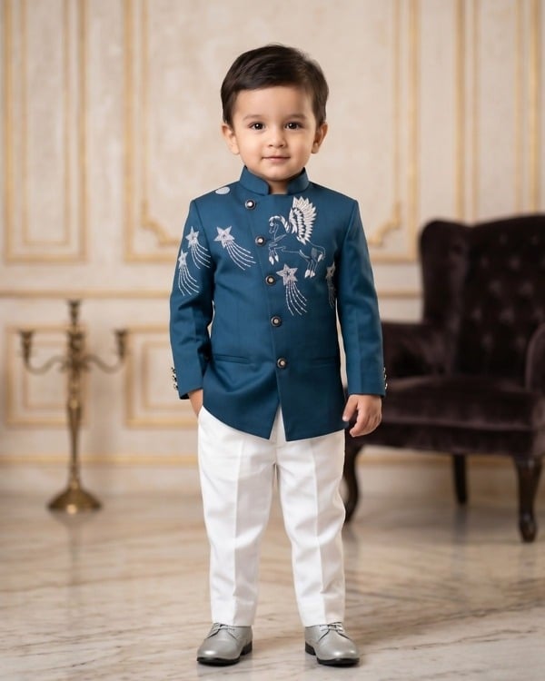 Toddler boy teal blue unicorn theme jodhpuri suit for first birthday party celebration kids gift